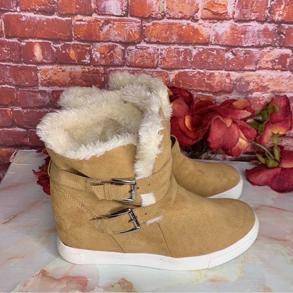 Madden NYC Tan Suede Faux Fur Peytonn Wedge Ankle Boots